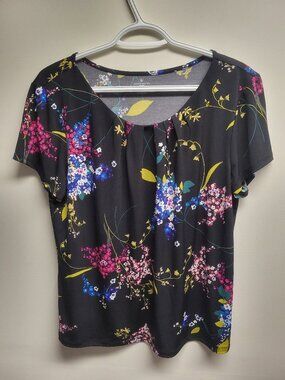 Worthington Petite Floral Top XL Black Stretch Blouse